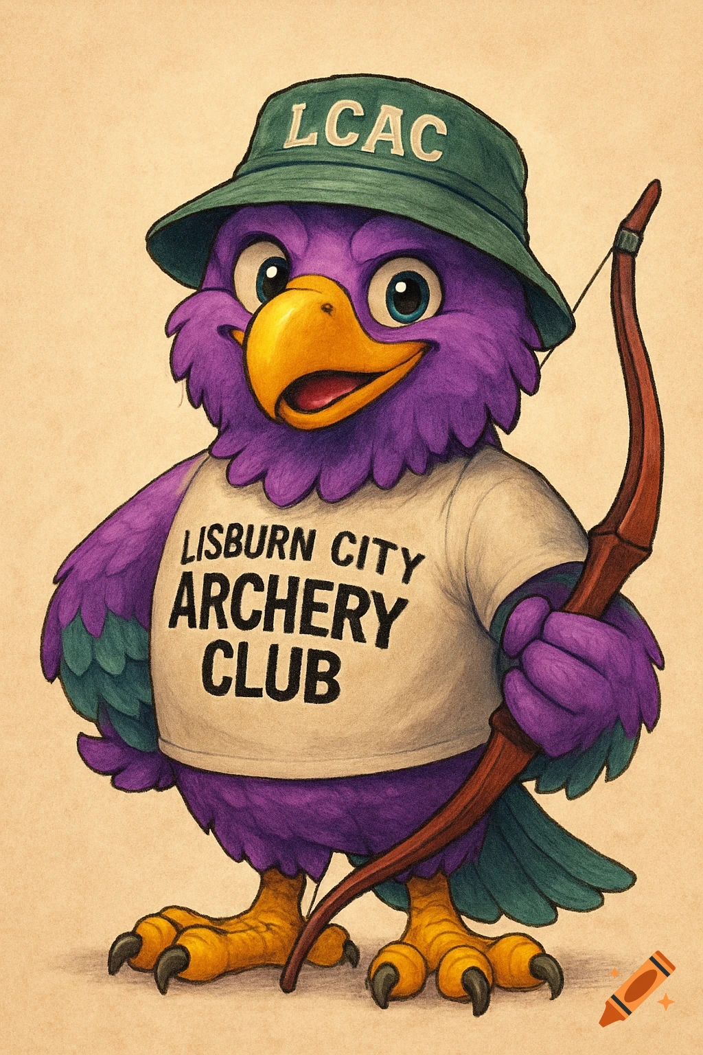 A purple and green bird mascot wears a bucket hat and a t-shirt, holding an archery bow.