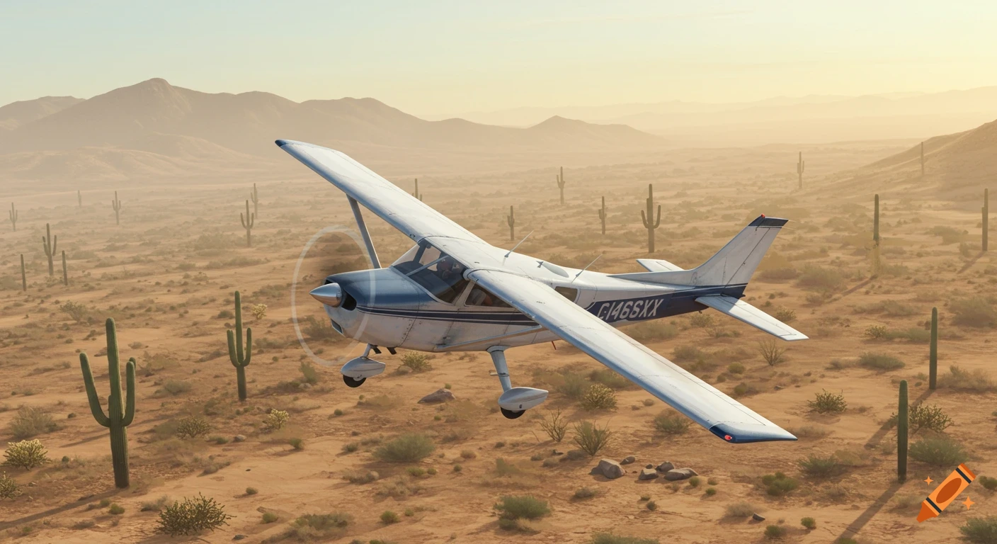 A small plane flies low over a desert landscape with mountains and saguaro cacti.