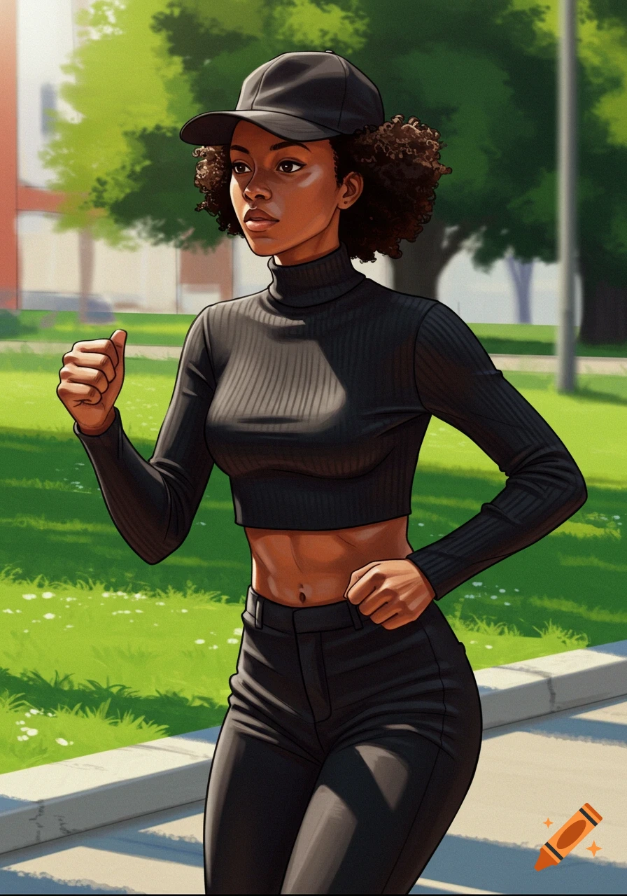 Illustrative image of a woman in a black baseball cap and crop top running outdoors.