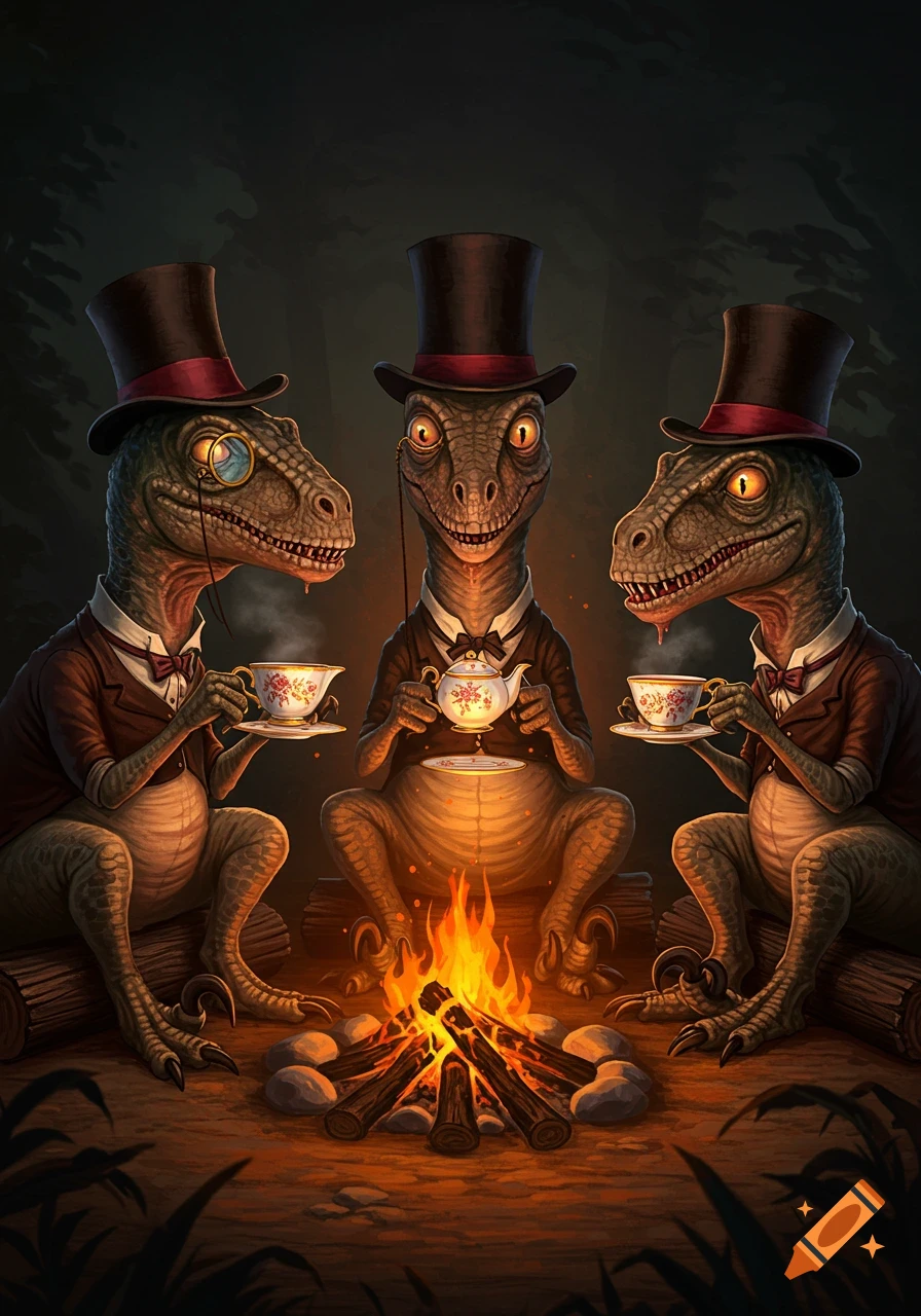 Three anthropomorphic dinosaurs in top hats and suits drink tea around a campfire.