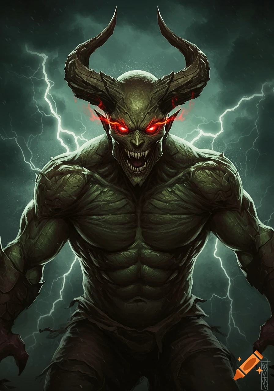 Illustration of a green demon with horns, red eyes, and scaly skin standing in a lightning storm.