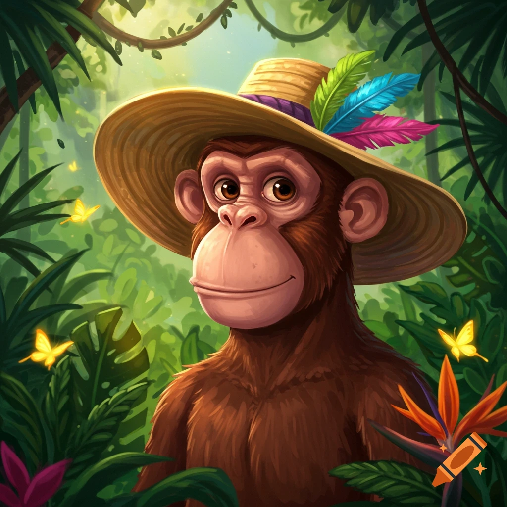 Cartoon monkey in a straw hat with feathers in a lush jungle with butterflies.