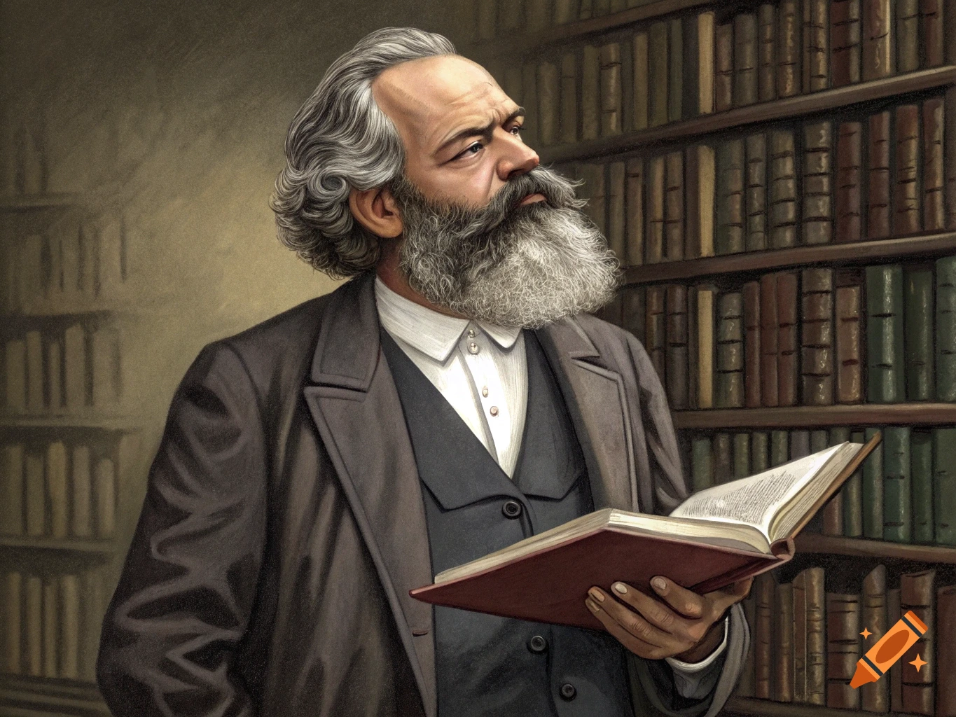 Painting of Karl Marx reading a book in a library