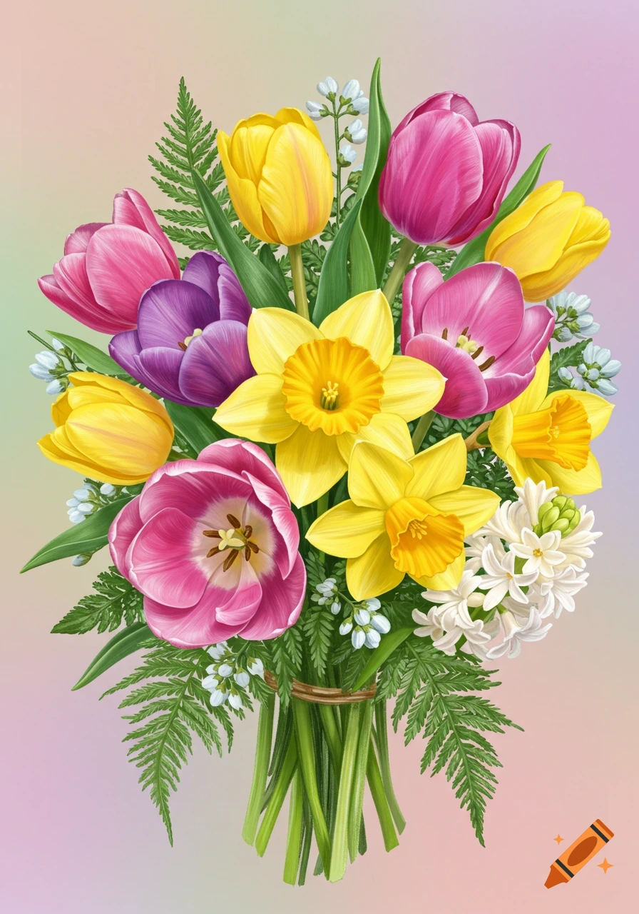 Colorful bouquet of yellow daffodils, pink and purple tulips, and white hyacinths in a detailed illustration style.