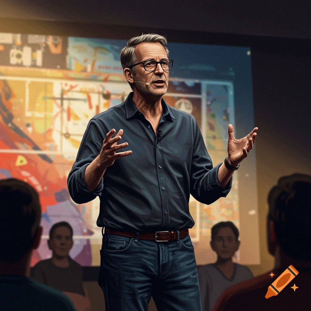 Man giving a talk on stage in front of a large screen, audience in foreground, illustrative style