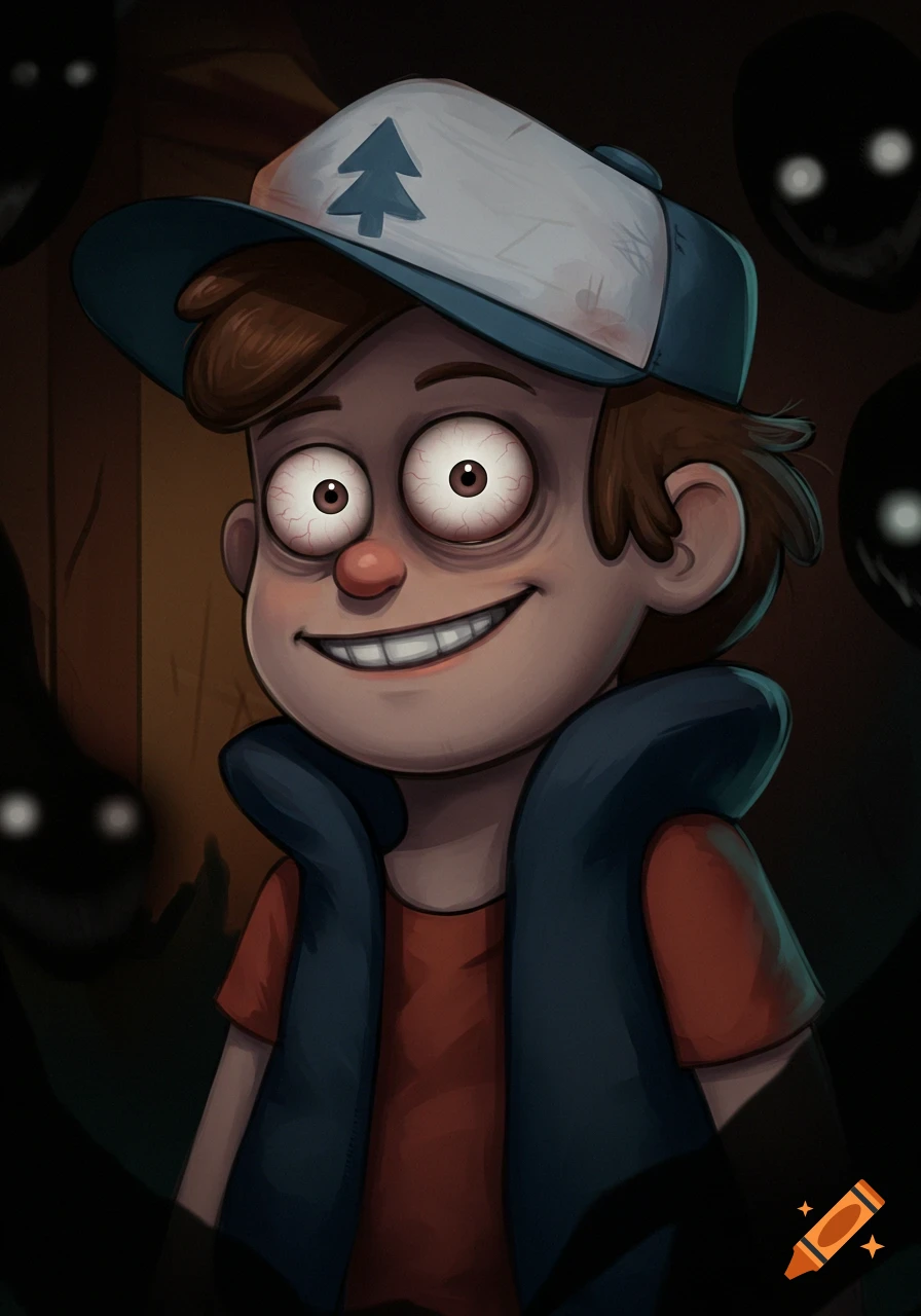 Cartoon boy with wide creepy eyes and smile in the dark with shadowy figures.