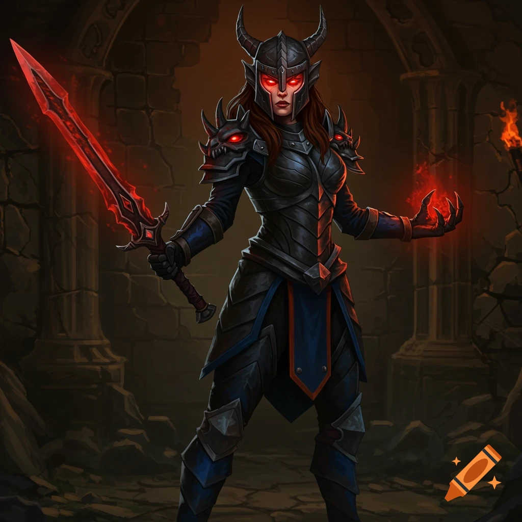 A fantasy warrior in black armor with a glowing red sword and magic on ...