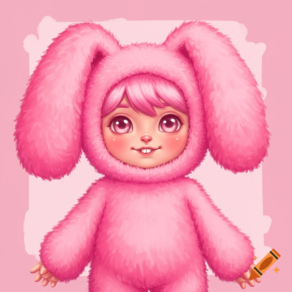 Stylized illustration of a figure in a pink fuzzy bunny costume