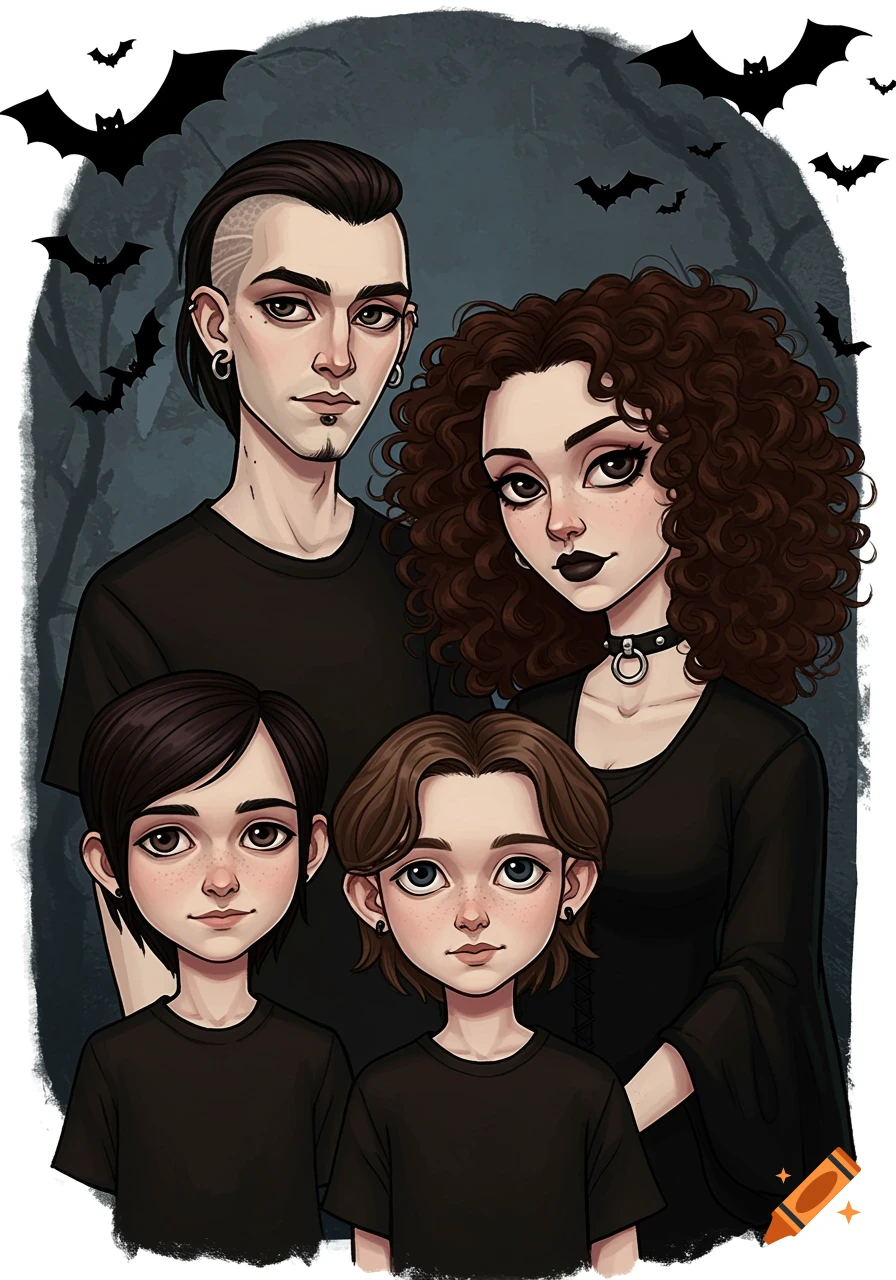 Cartoon painting of a goth family portrait with bats