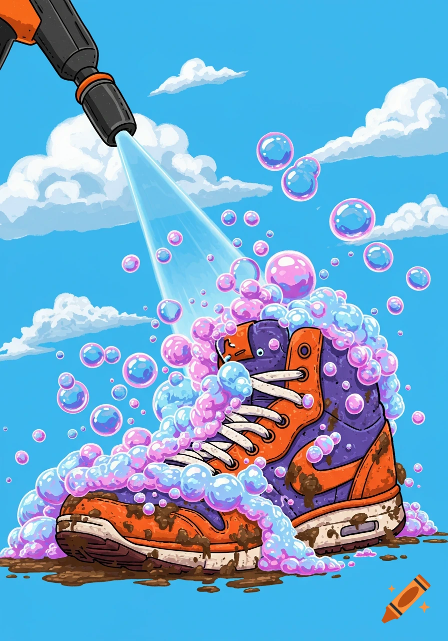 Cartoon illustration of a power washer cleaning a dirty orange and purple sneaker with water and bubbles under a blue sky.