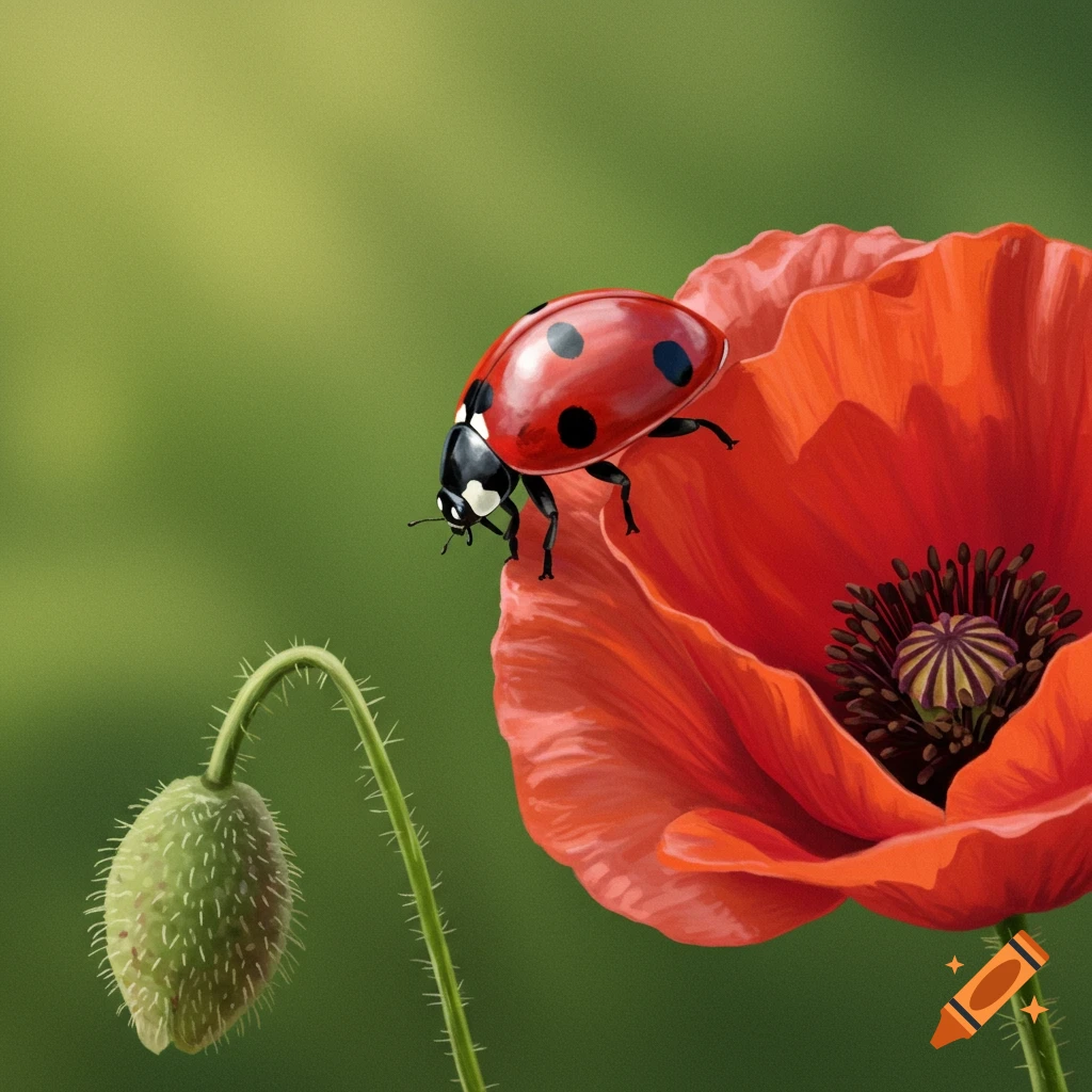 A ladybug sits on a red poppy flower with a bud next to it.