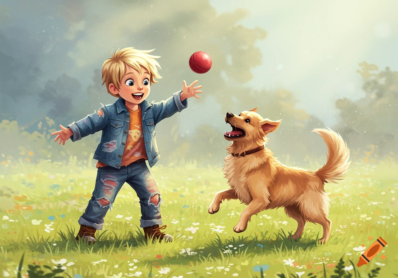 Blonde boy in denim jacket throws a red ball to a golden dog in a grassy field, digital illustration style.