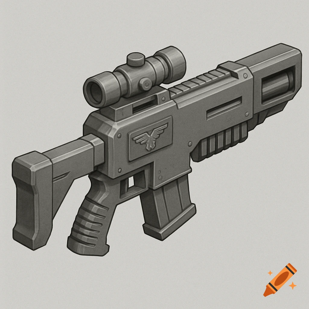 Isometric greyscale depiction of a futuristic rifle with a scope.