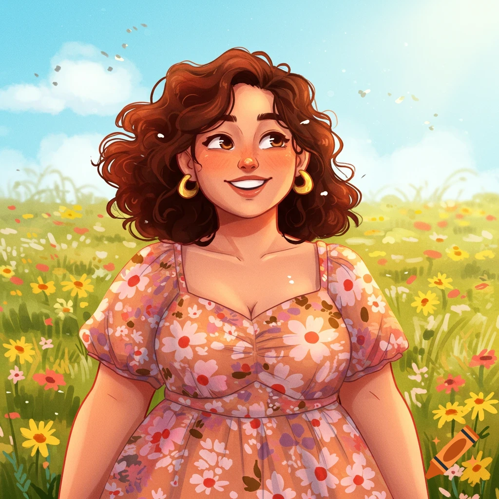 A smiling woman in a floral dress stands in a sunny field of flowers ...