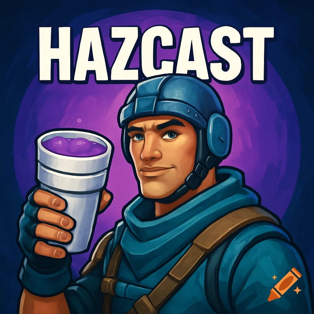 Cartoon character resembling a Fortnite soldier holding a cup with purple liquid, with the text HAZCAST above.