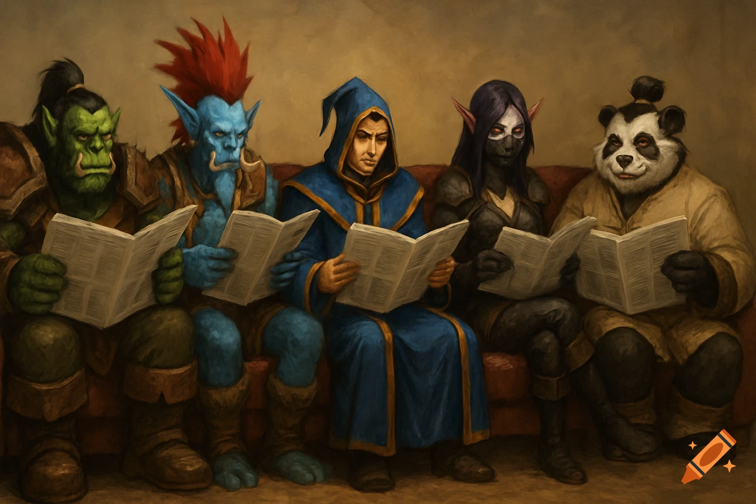 Fantasy characters from World of Warcraft (orc, troll, human, night elf, pandaren) sitting and reading newspapers.