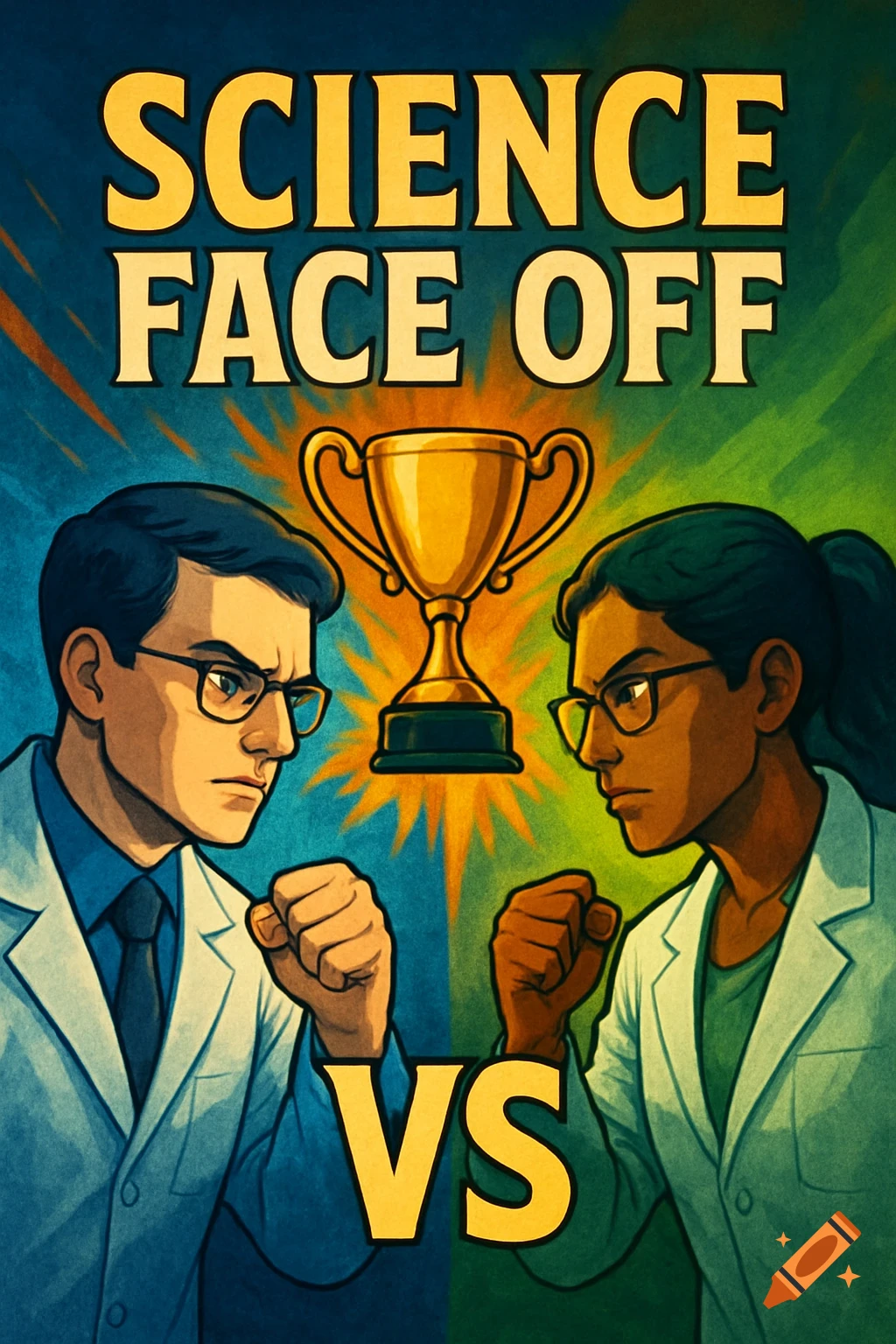 Illustrated poster of two scientists facing off with a trophy, text reads 'SCIENCE FACE OFF VS'.