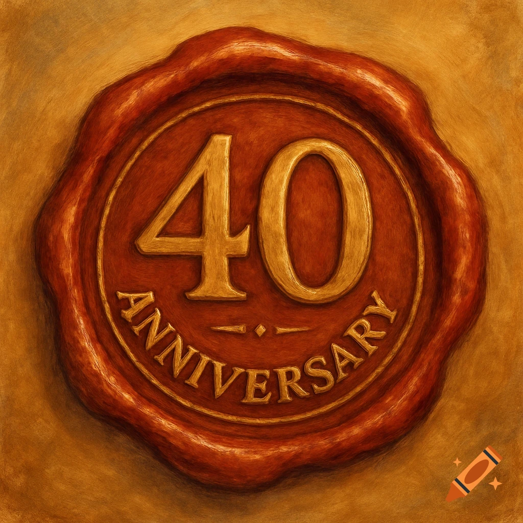 A textured, painted-style image of a red wax seal with '40 ANNIVERSARY' embossed in gold.