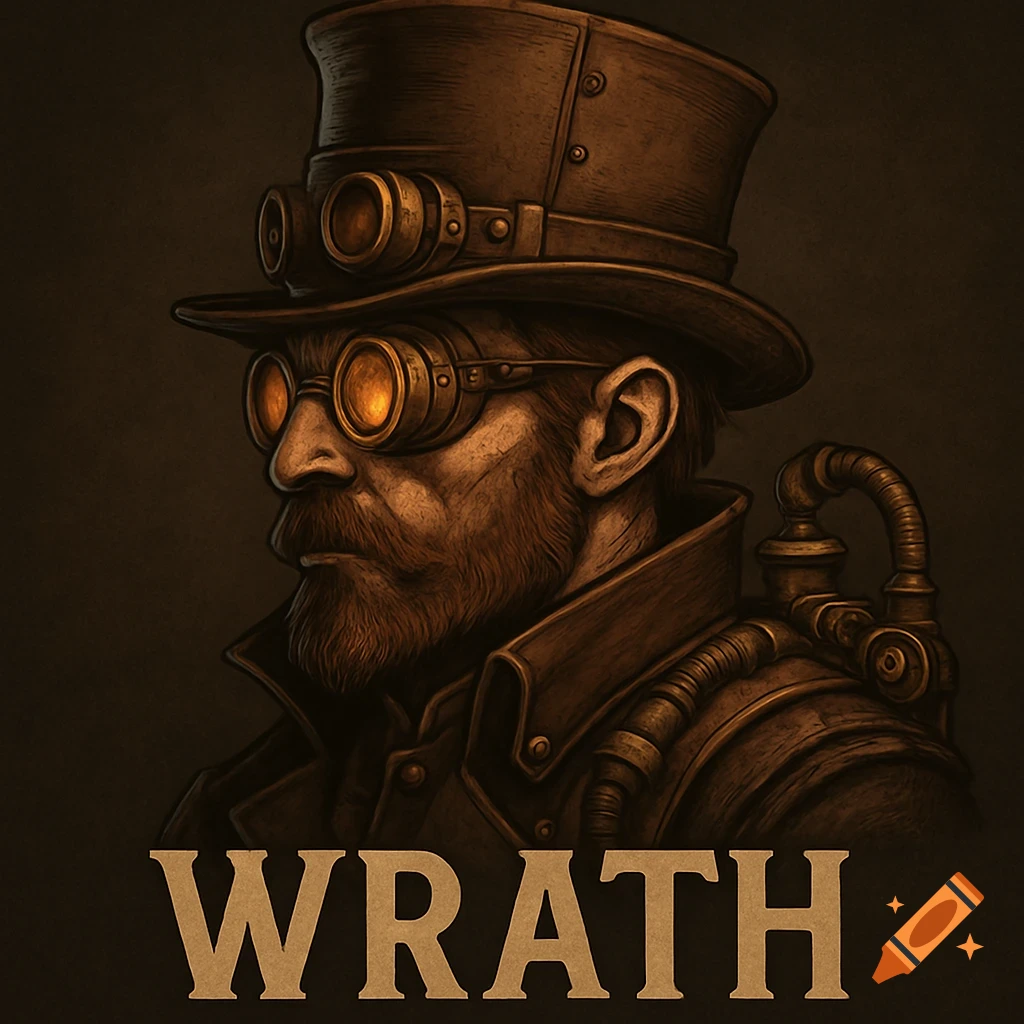 A steampunk portrait of a man in a top hat and goggles with the word WRATH below.