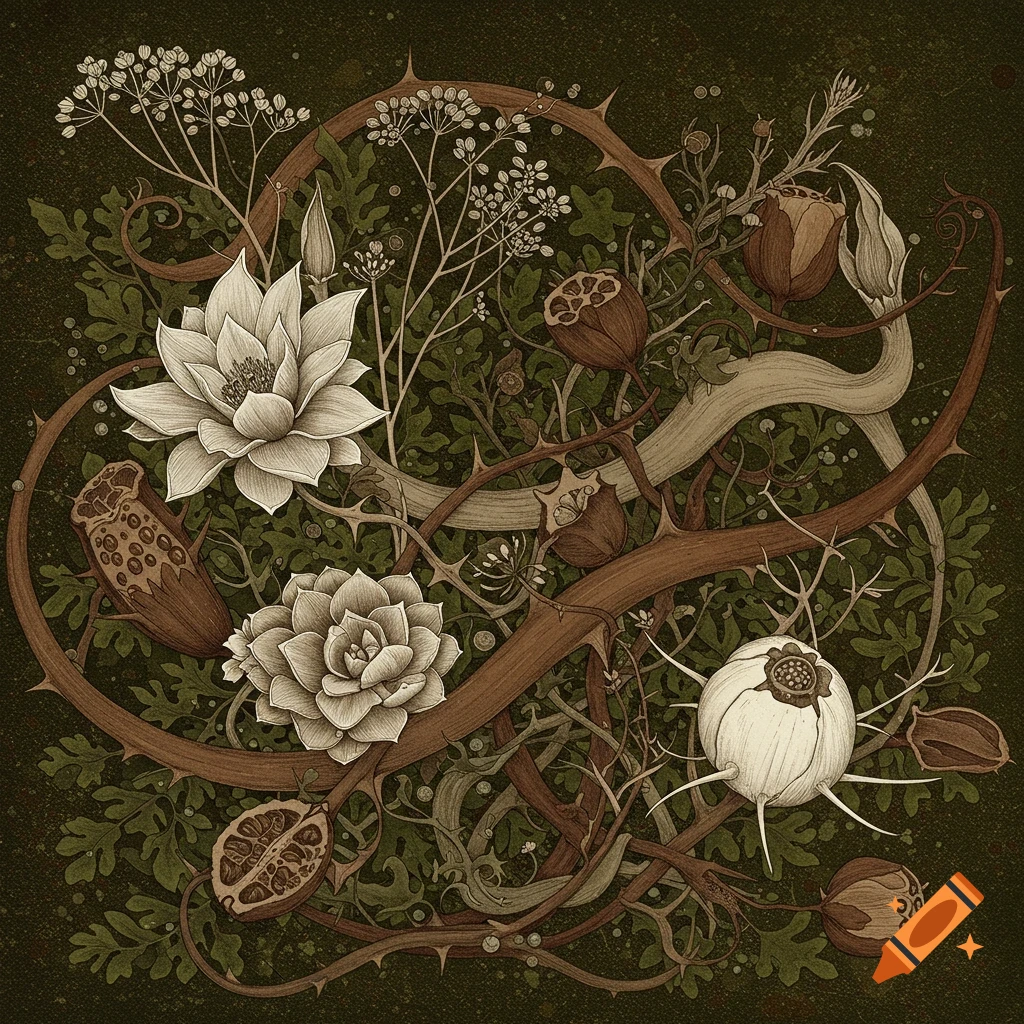 Intricate botanical illustration with spiny vines, white flowers, and seed pods in brown, white, and green tones.