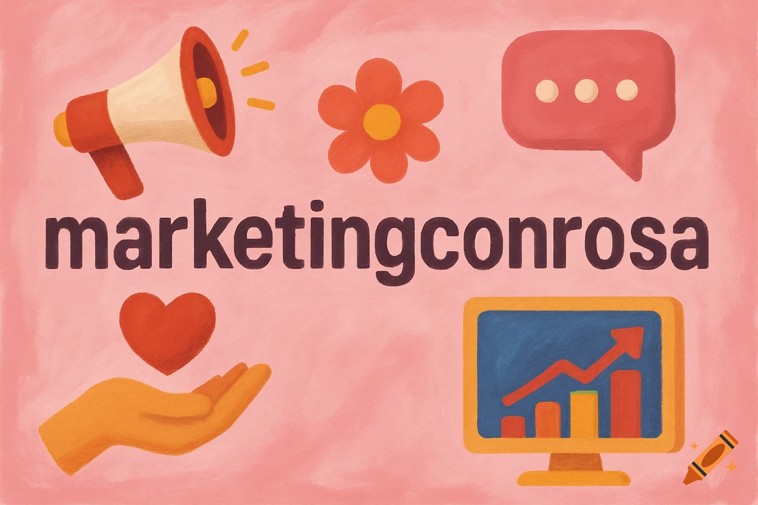 Illustration with marketing icons and text 'marketingconrosa'