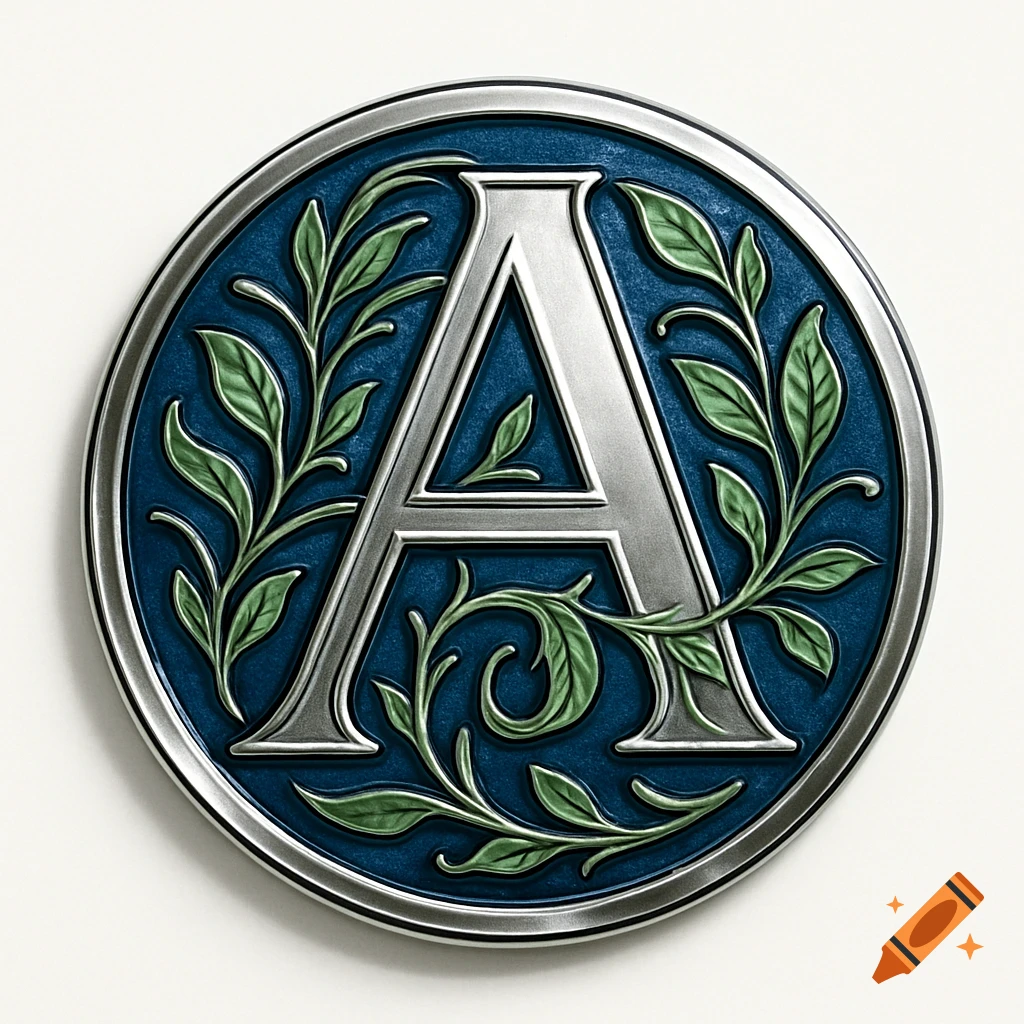 Metal medallion with the letter A surrounded by green leaves on a blue background.