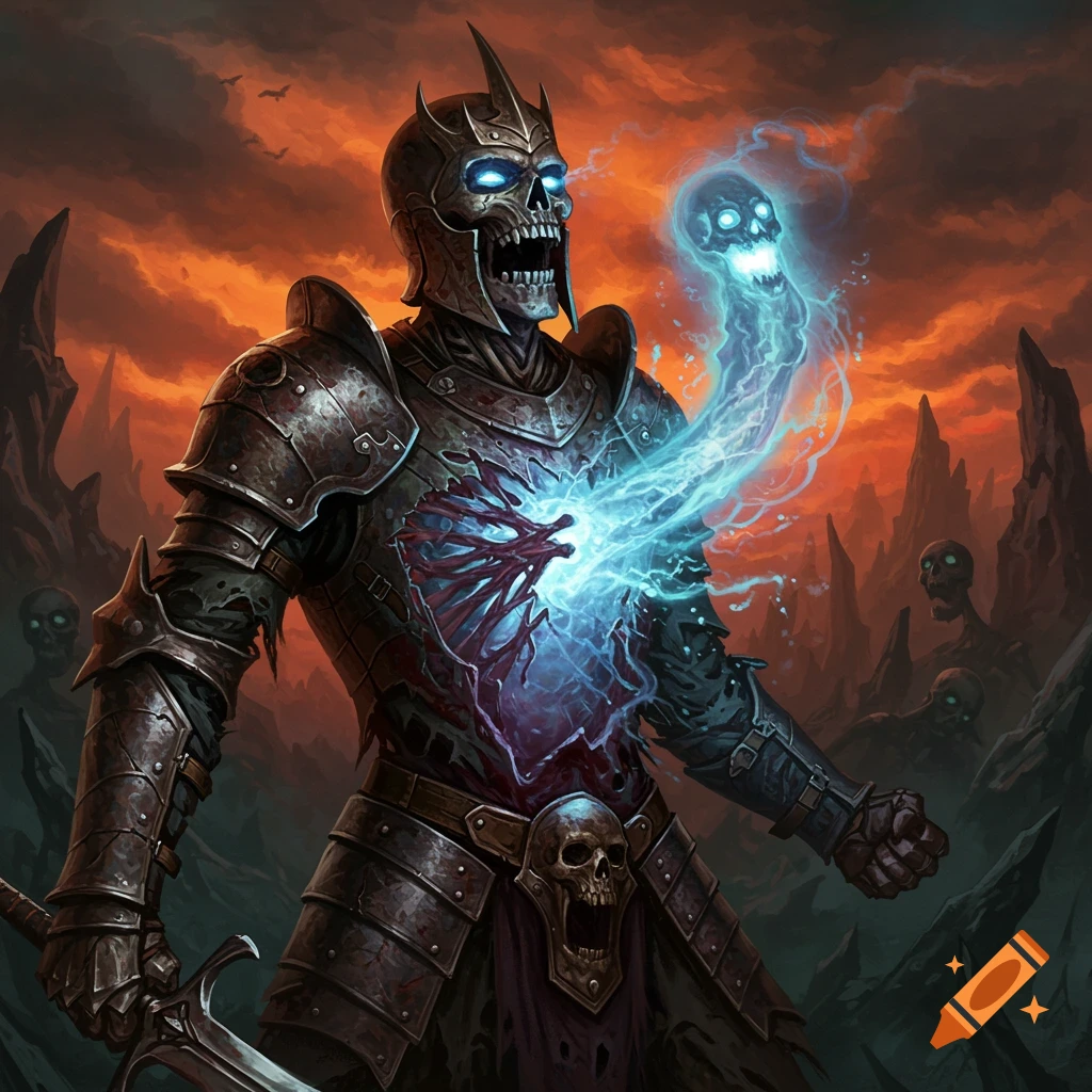 Undead knight in armor with glowing chest wound emitting blue energy and a skull, in a dark fantasy landscape.