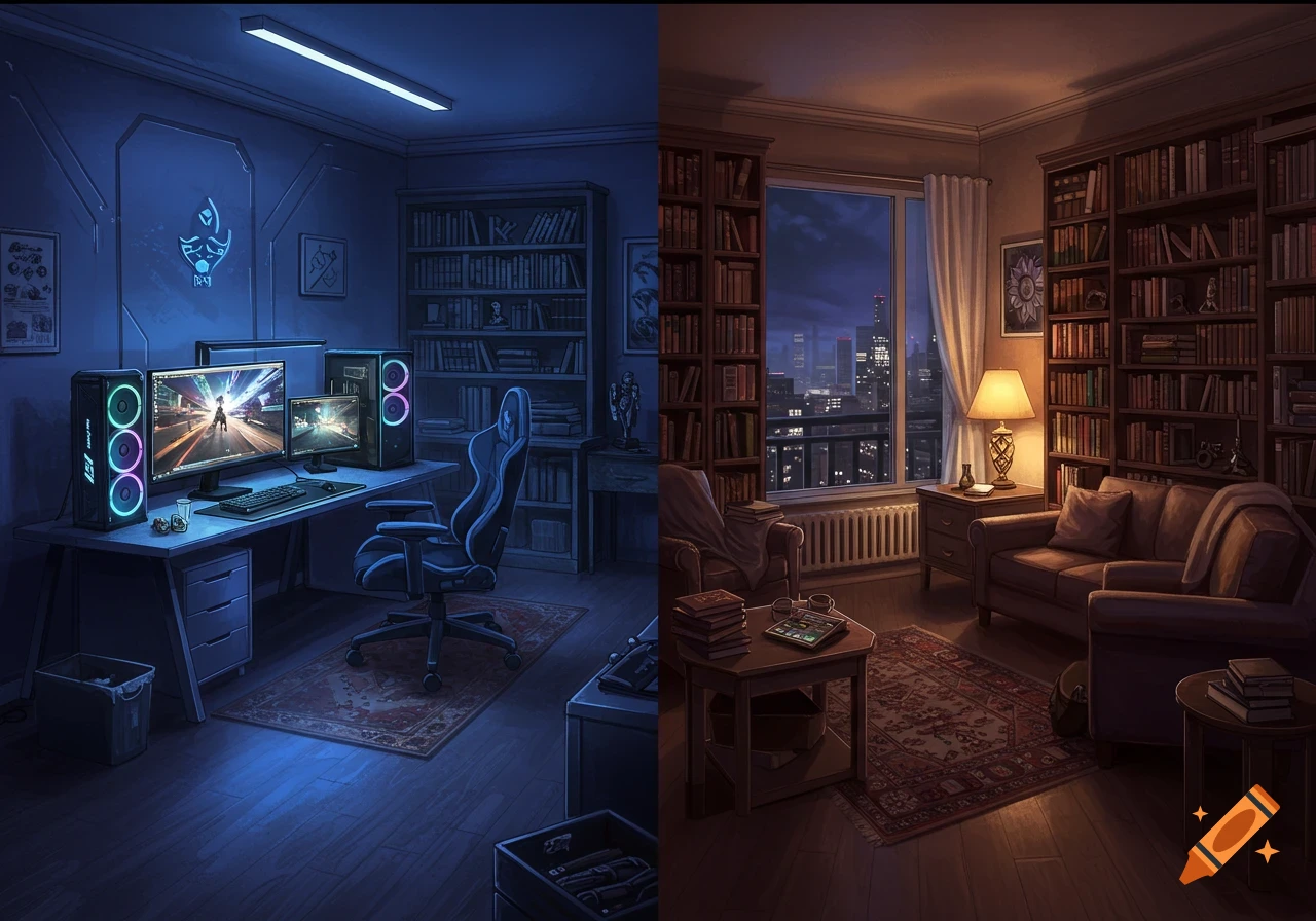 A split image shows a blue-lit gaming room on the left and a warm, book-filled library with a city view on the right.