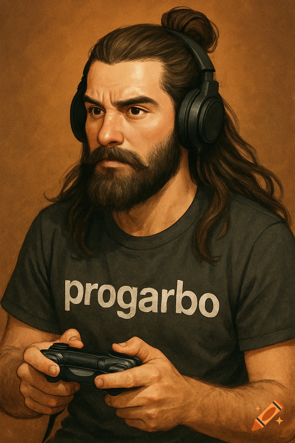 A bearded man with long hair in a bun and headphones plays video games, wearing a shirt that says "progarbo".