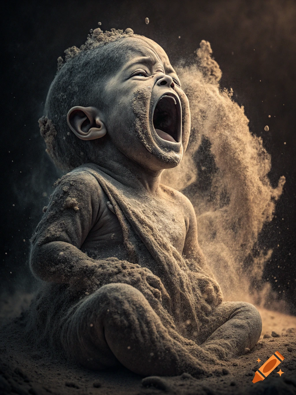 A baby covered in ash or sand screams intensely.