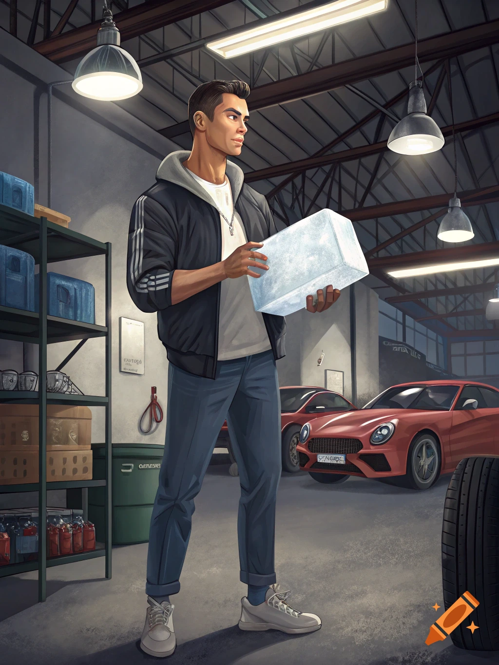 A man holds a large block of ice in a garage with cars.