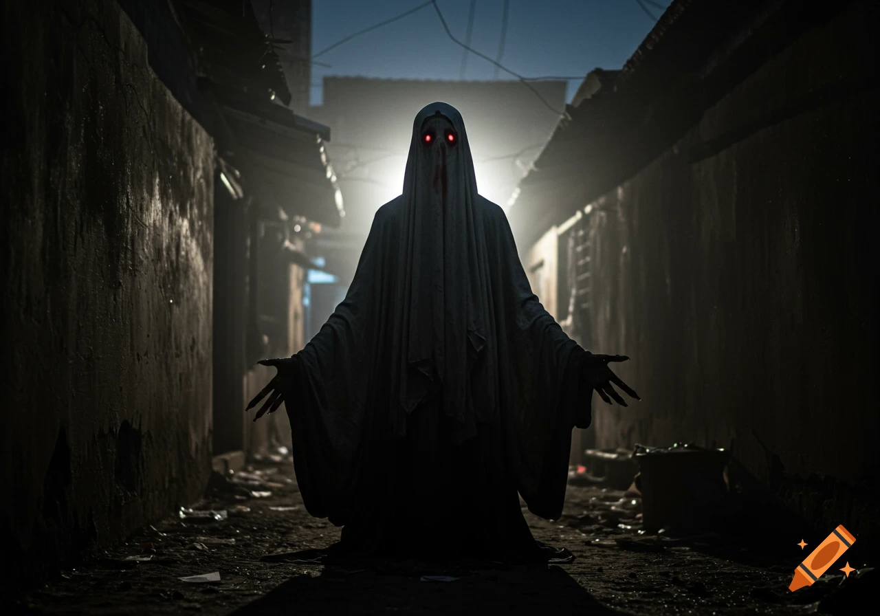 A dark, cloaked figure with glowing red eyes stands in a shadowy alleyway.