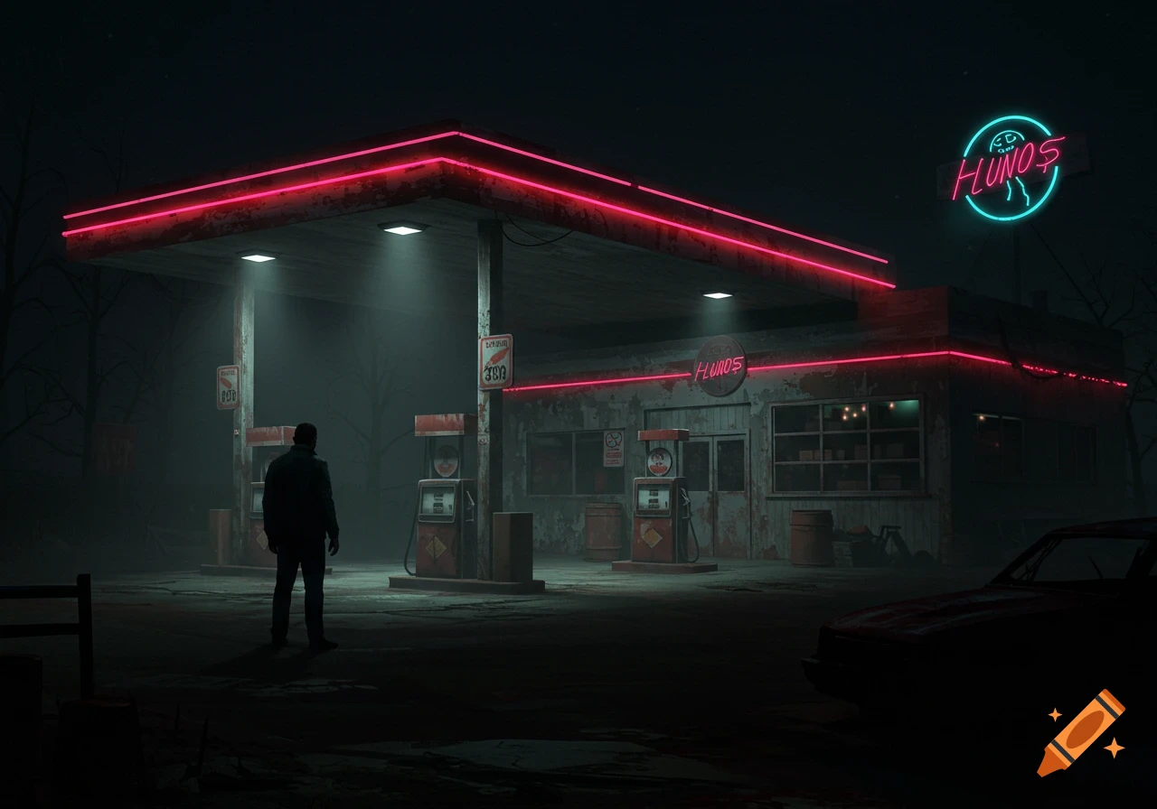 A silhouetted figure stands at a dark, dilapidated gas station illuminated by bright pink and blue neon lights at night.