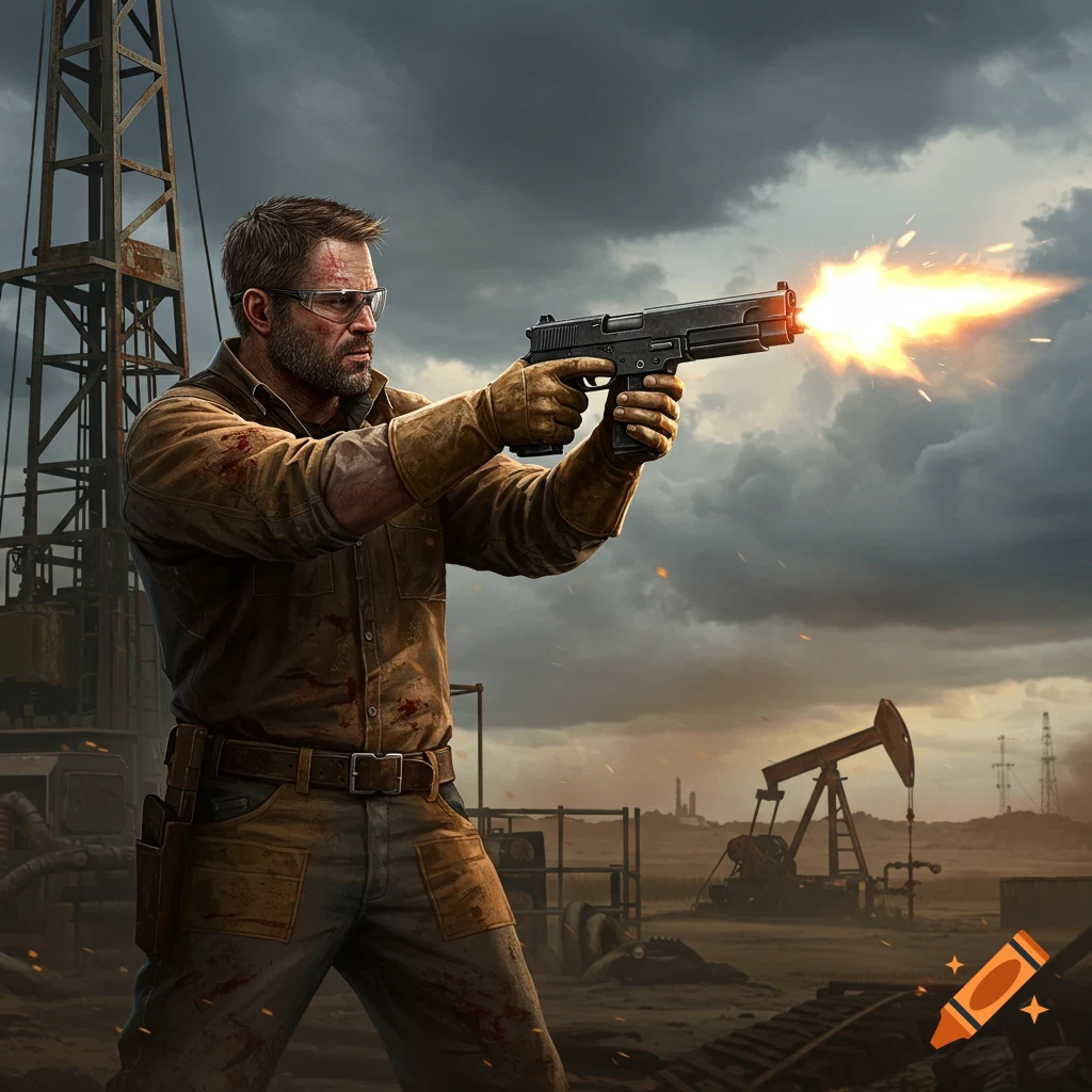 Man in work clothes shooting a pistol in an industrial landscape with oil rigs.