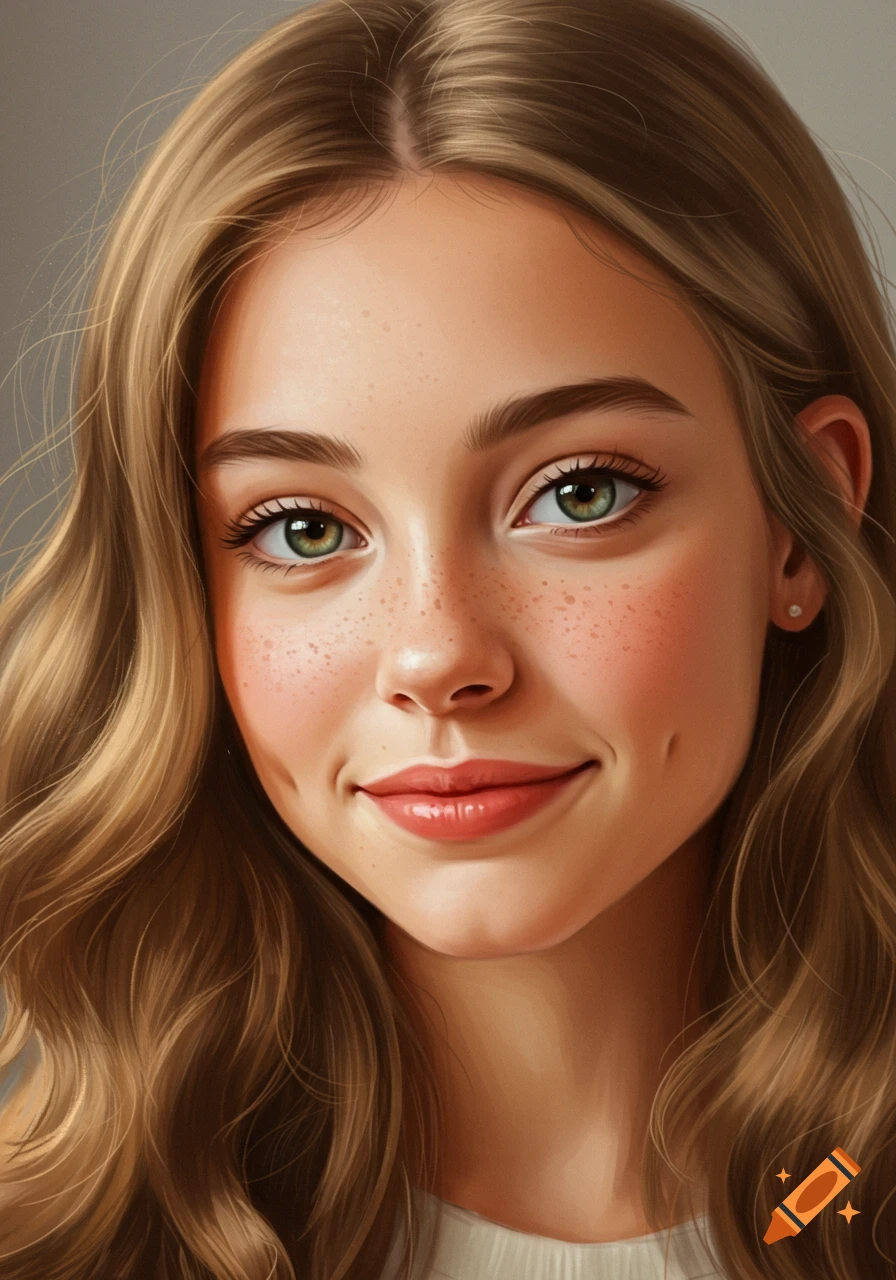 Close-up portrait of a young woman with light brown hair, hazel eyes, freckles, and dimples, realistic style.