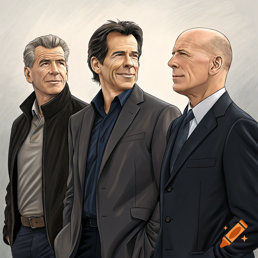 Digital illustration of three men resembling Pierce Brosnan, Ben Stiller, and Bruce Willis.