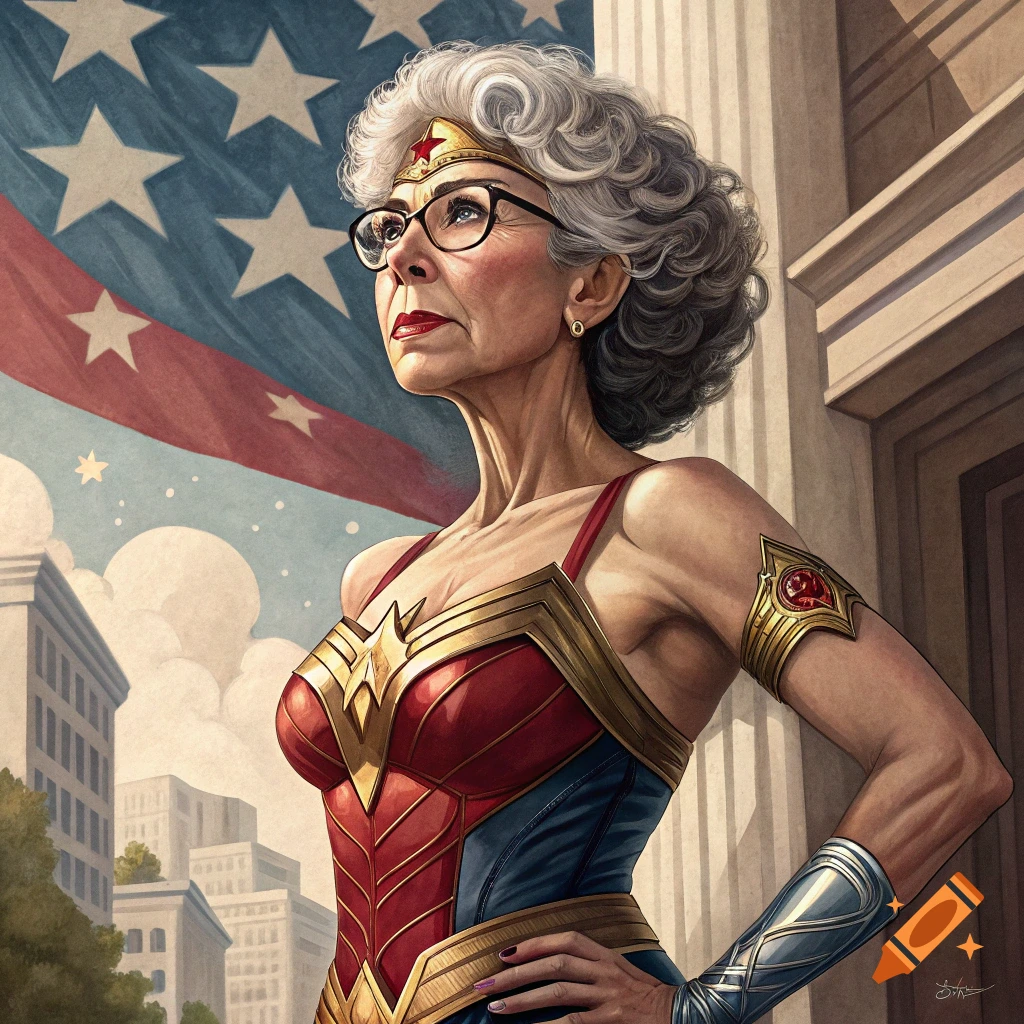 Portrait of an older woman dressed as Wonder Woman looking heroically upwards with an American flag behind her.