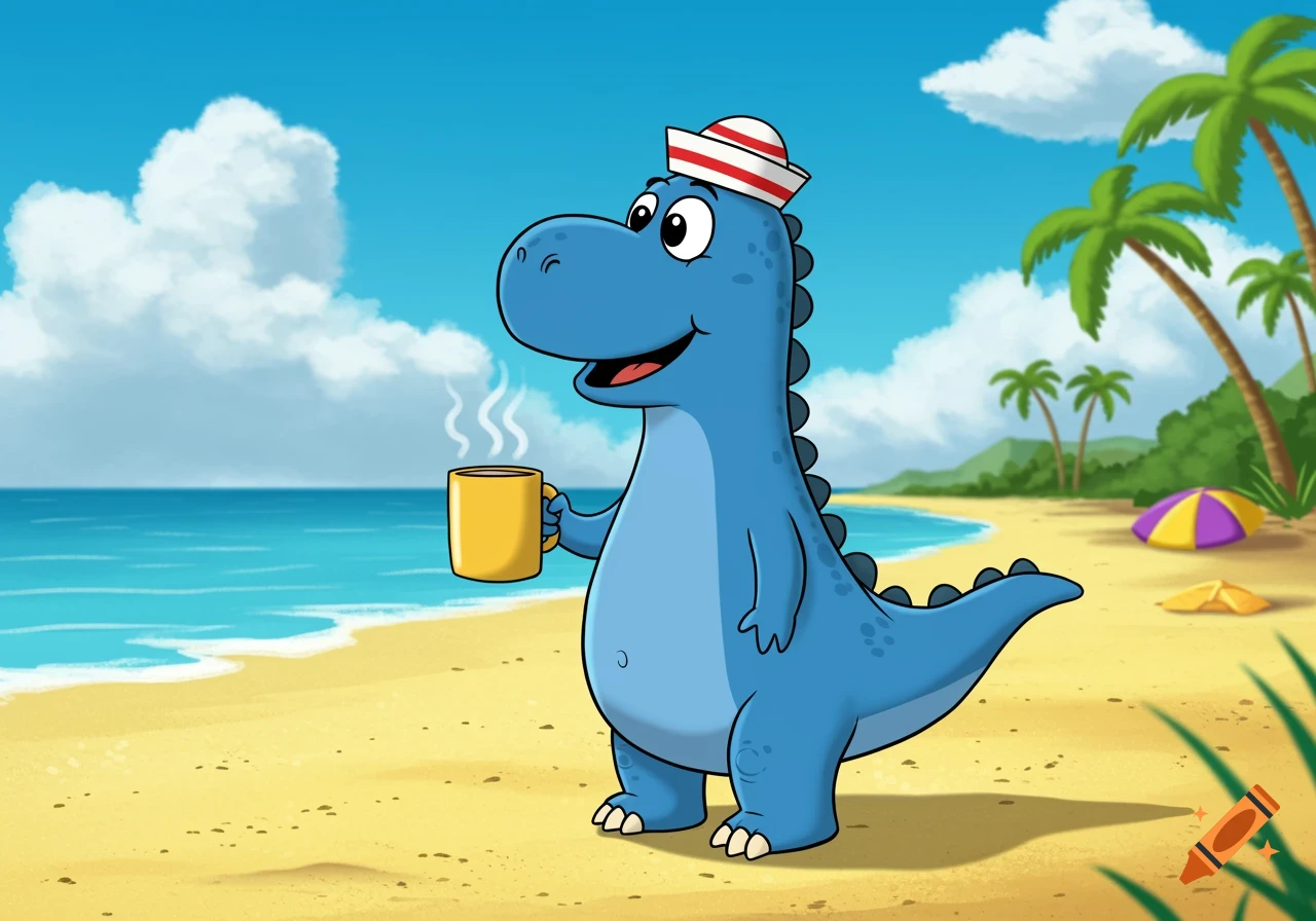 A blue cartoon dinosaur wearing a sailor hat stands on a beach, holding a steaming cup.