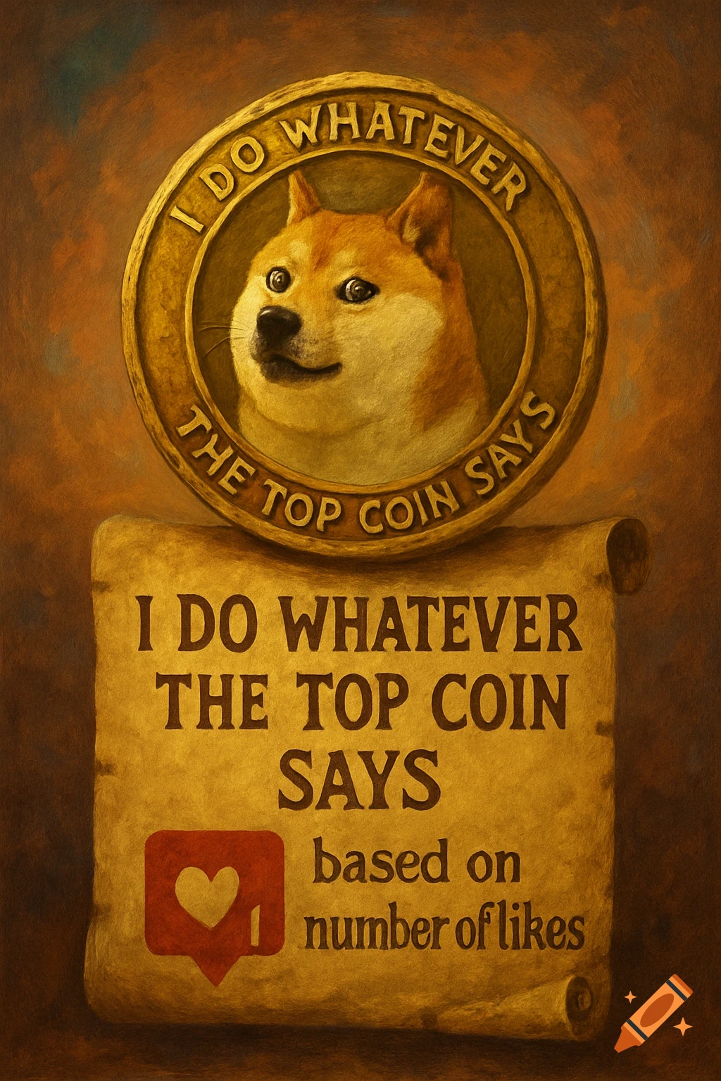 Painterly image of a Shiba Inu Doge meme inside a gold coin above a scroll with text.