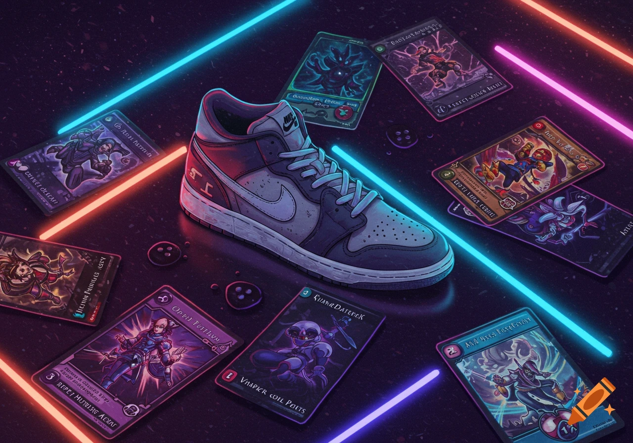 A sneaker surrounded by trading cards under neon lights in a digital art style.