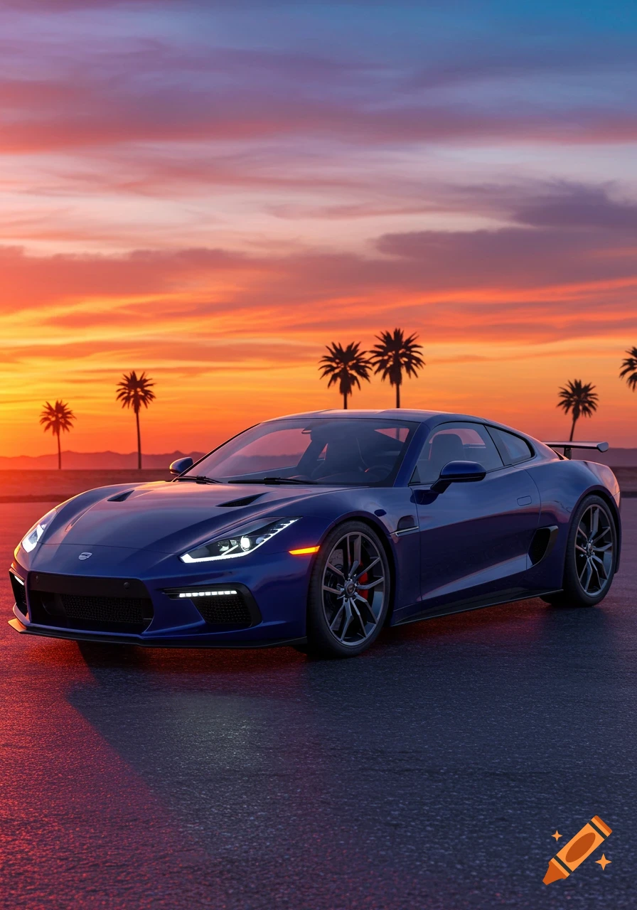 Blue sports car parked at sunset with palm trees in the background