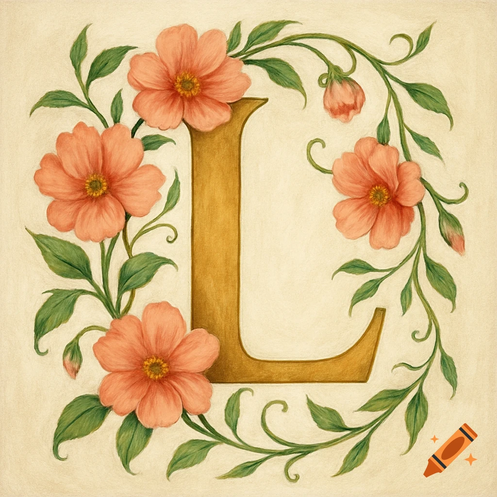 Decorative gold letter L with pink flowers and green vines around it.