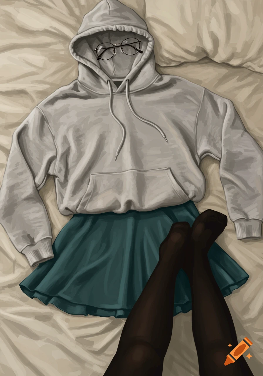 A grey hoodie, teal skirt, and black tights are laid out on a bed.