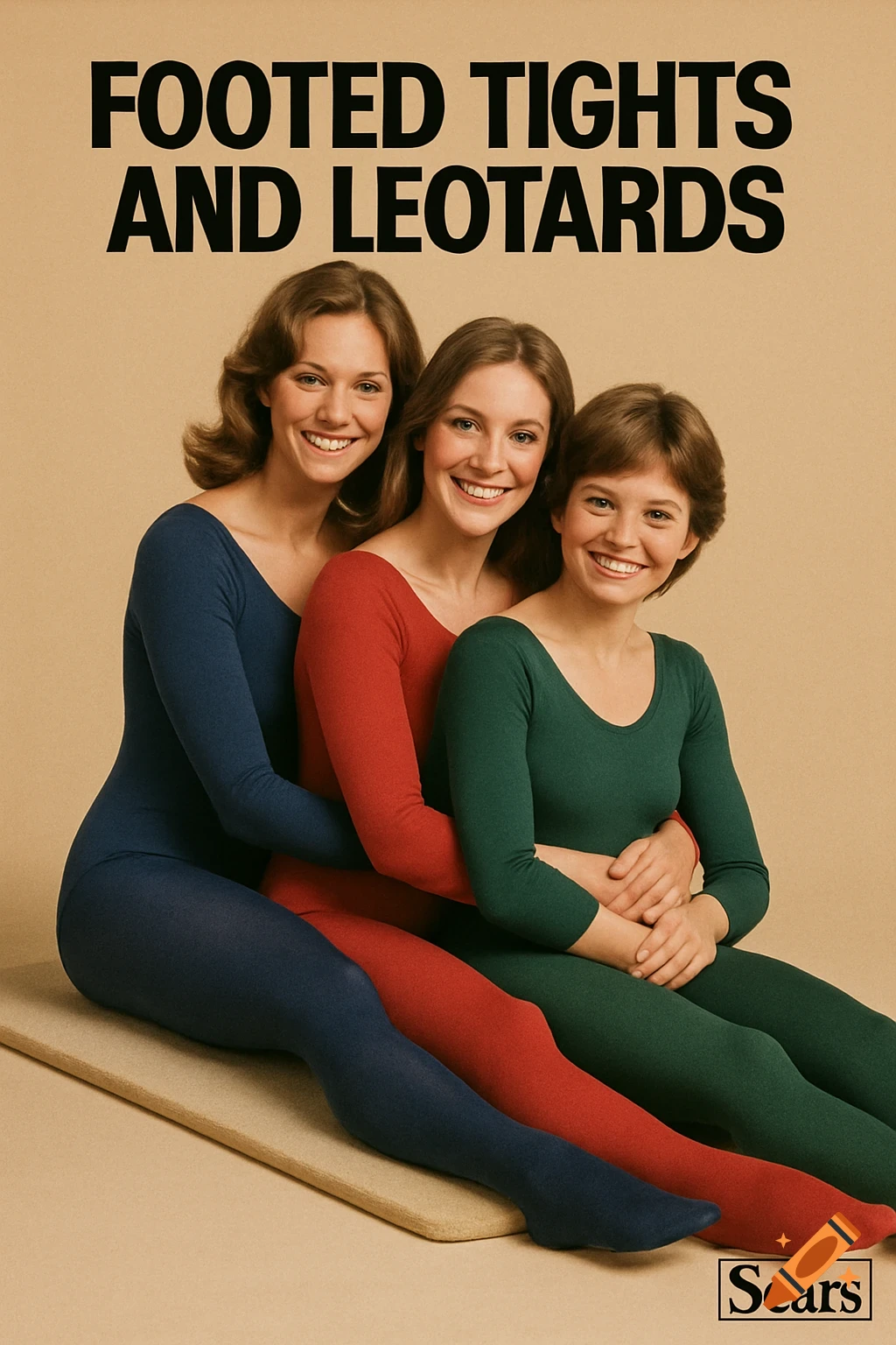Three women in blue, red, and green footed tights and leotards pose together in a vintage advertisement.