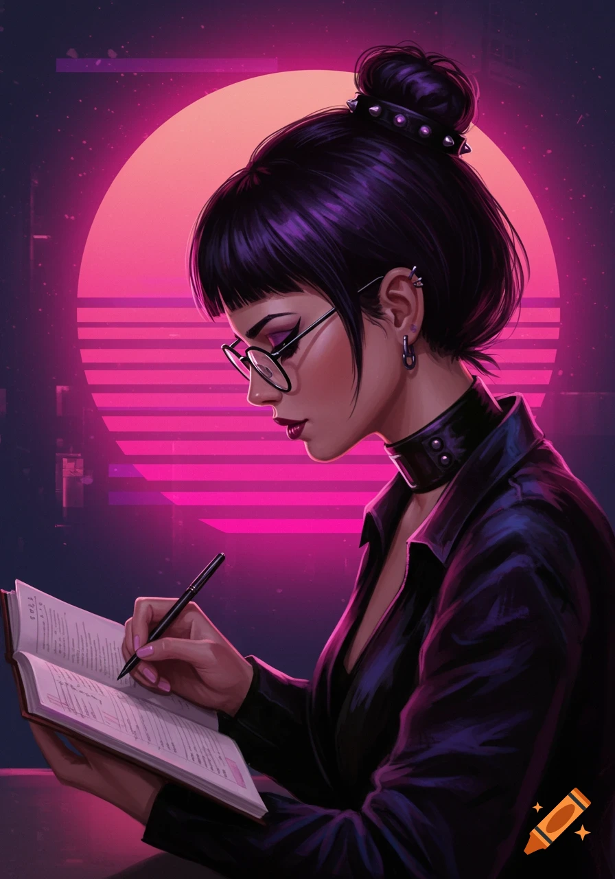 Portrait of a woman with glasses writing in a book, retrowave sunset background.