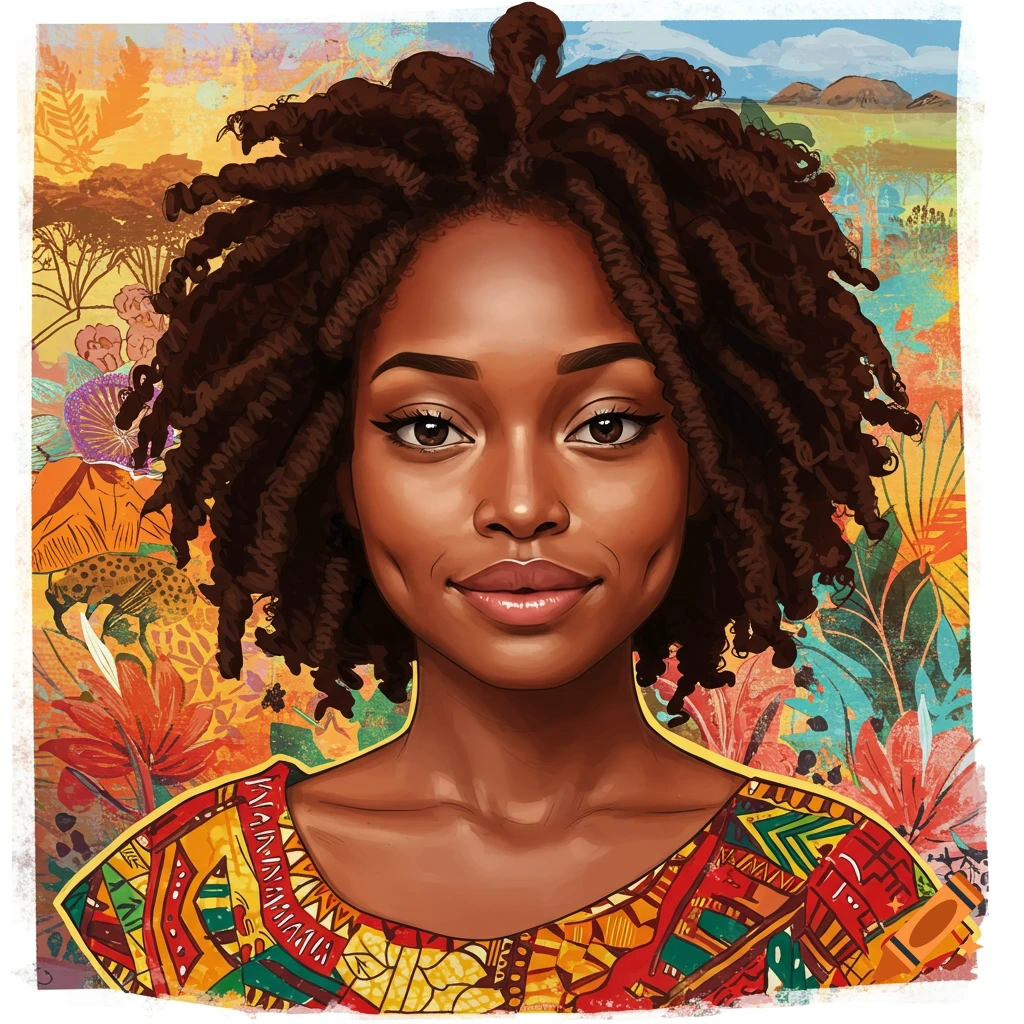 Portrait of a Black woman with mini twists and dimples against a vibrant, patterned African-inspired background.