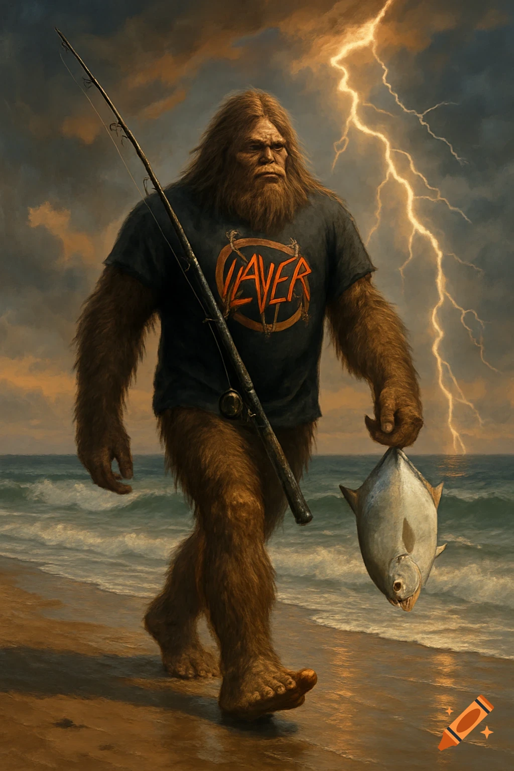 Bigfoot walks on a beach at sunset carrying a fishing rod and fish, wearing a Slayer shirt, with lightning.