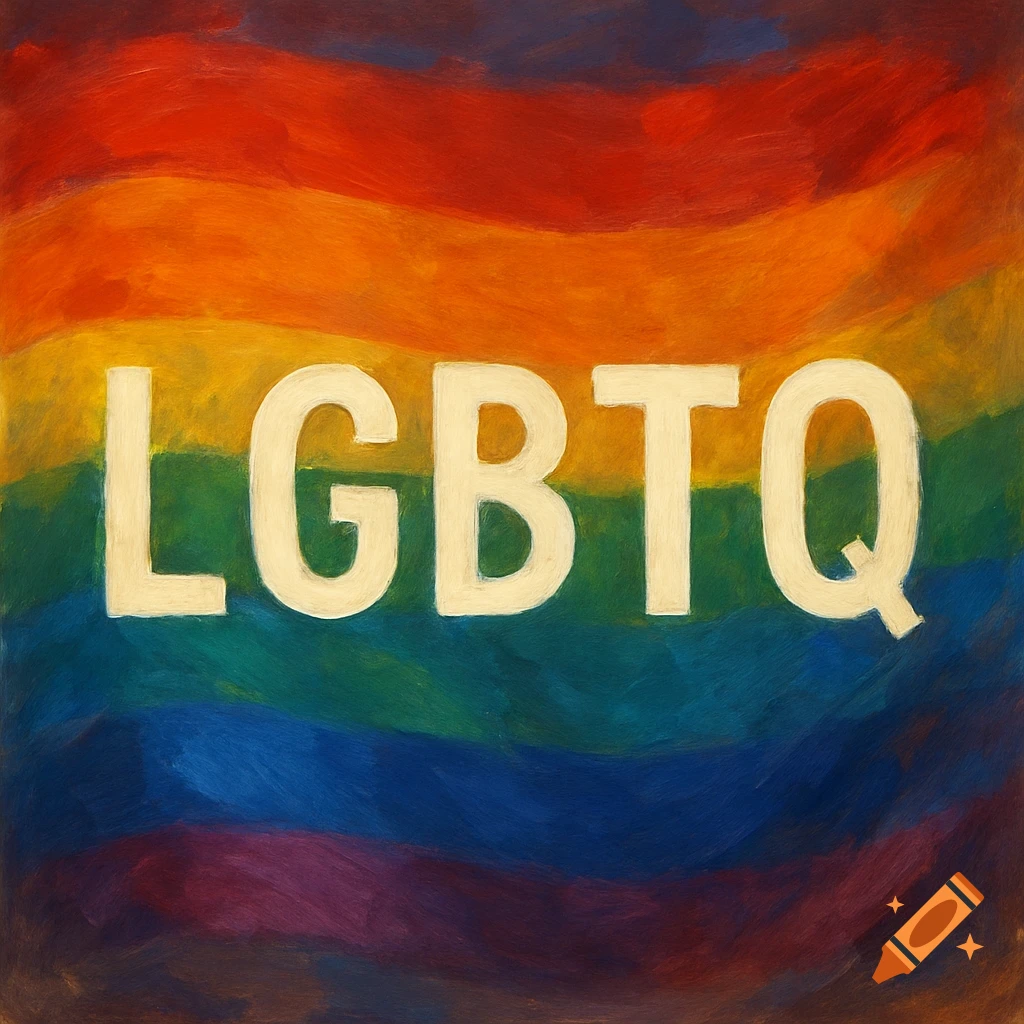 A painting of the letters LGBTQ over a rainbow flag.