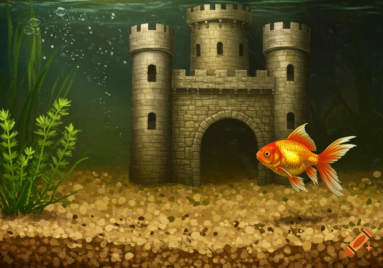A goldfish swims in a fish tank with a castle and green plants.