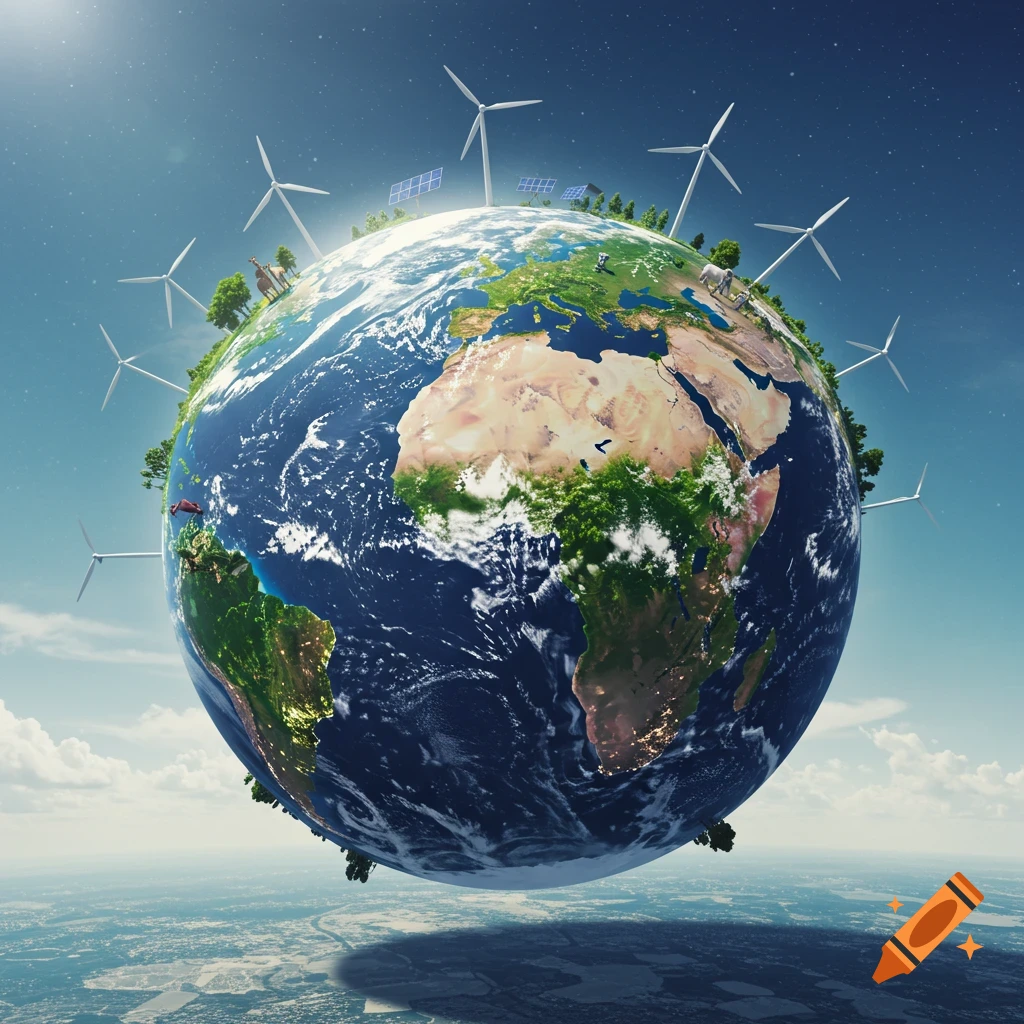 Digital illustration of Earth with wind turbines and solar panels showing clean energy